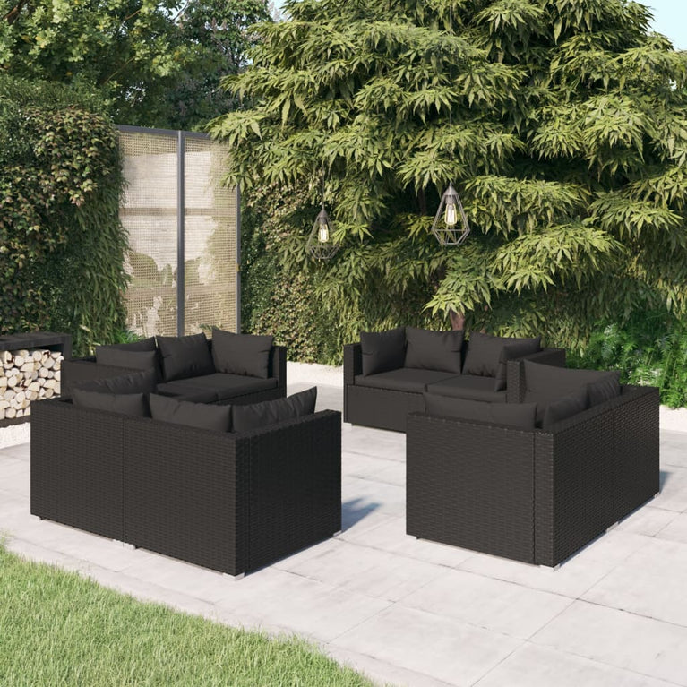 8-delige Loungeset met kussens poly rattan zwart MeubelReus
