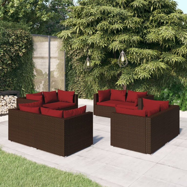 8-delige Loungeset met kussens poly rattan bruin