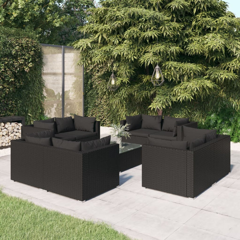 9-delige Loungeset met kussens poly rattan zwart MeubelReus