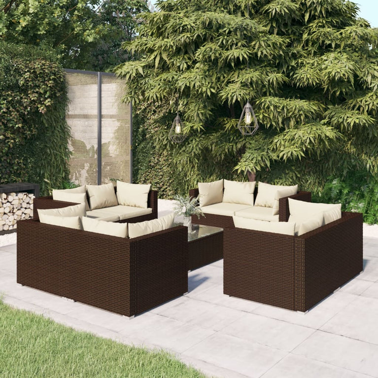 9-delige Loungeset met kussens poly rattan bruin MeubelReus