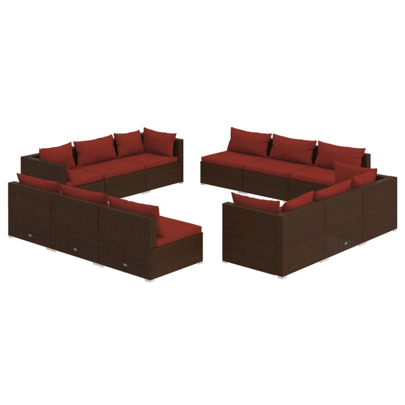 12-delige Loungeset met kussens poly rattan bruin