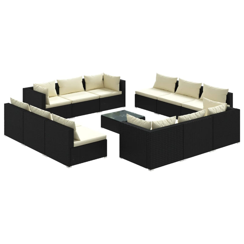 13-delige Loungeset met kussens poly rattan zwart