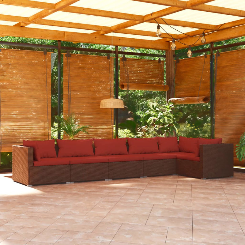 6-delige Loungeset met kussens poly rattan bruin