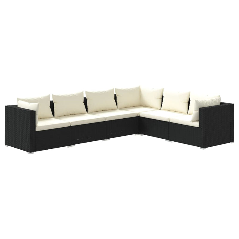 6-delige Loungeset met kussens poly rattan zwart