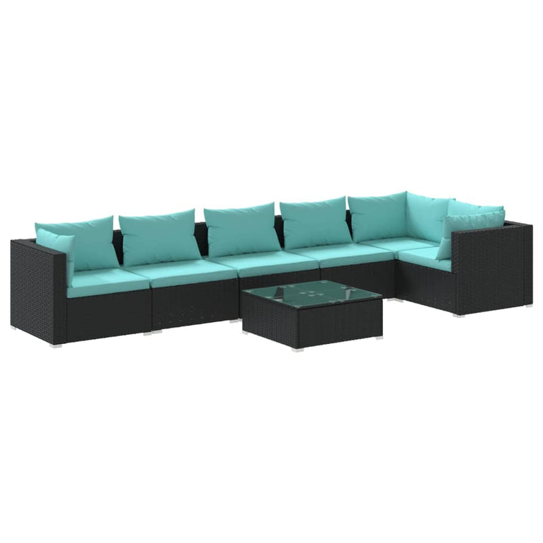 7-delige Loungeset met kussens poly rattan zwart
