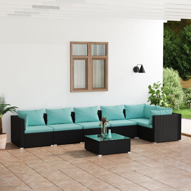 7-delige Loungeset met kussens poly rattan zwart