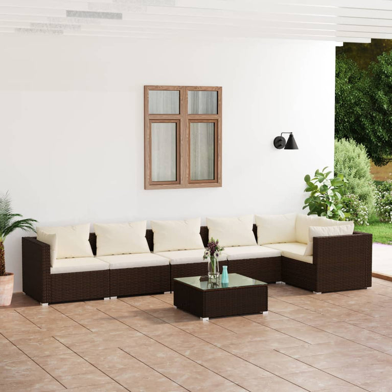 7-delige Loungeset met kussens poly rattan bruin