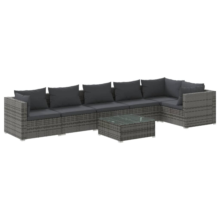7-delige Loungeset met kussens poly rattan grijs