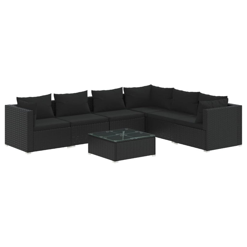 7-delige Loungeset met kussens poly rattan zwart