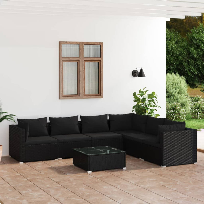 7-delige Loungeset met kussens poly rattan zwart
