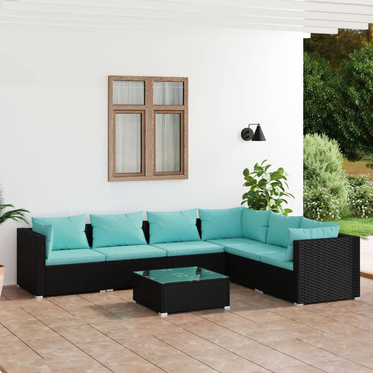 7-delige Loungeset met kussens poly rattan zwart