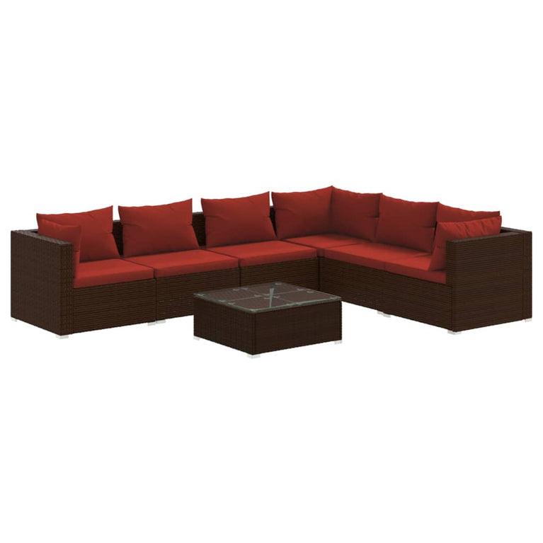 7-delige Loungeset met kussens poly rattan bruin