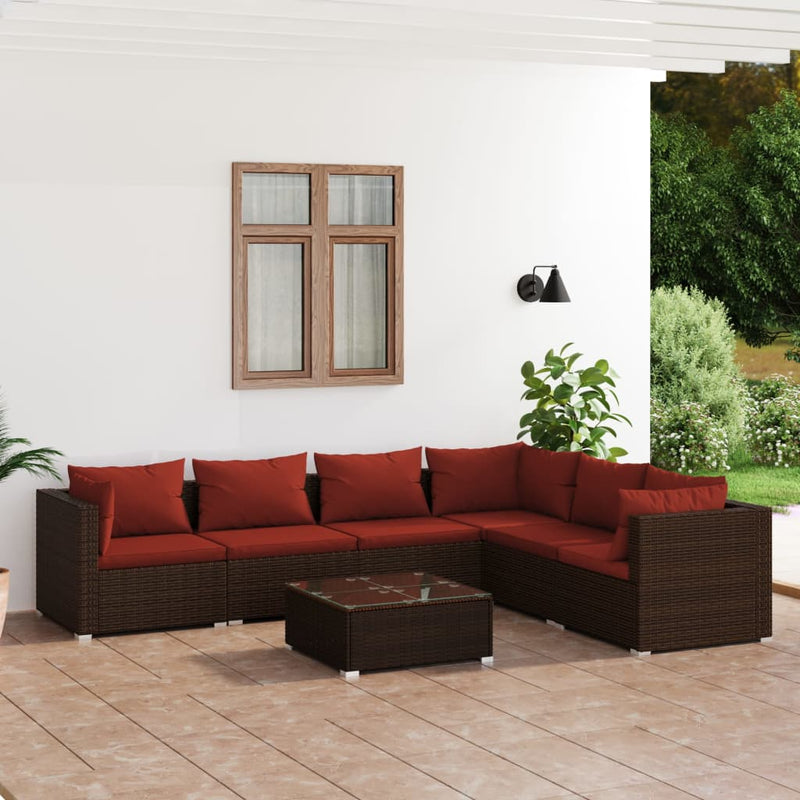 7-delige Loungeset met kussens poly rattan bruin