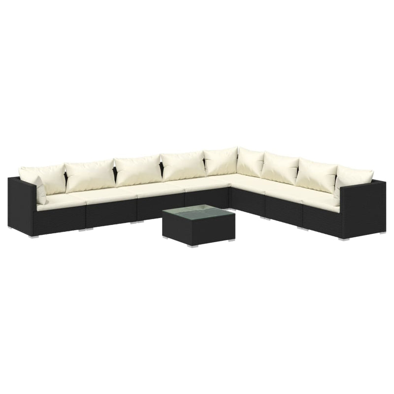 9-delige Loungeset met kussens poly rattan zwart
