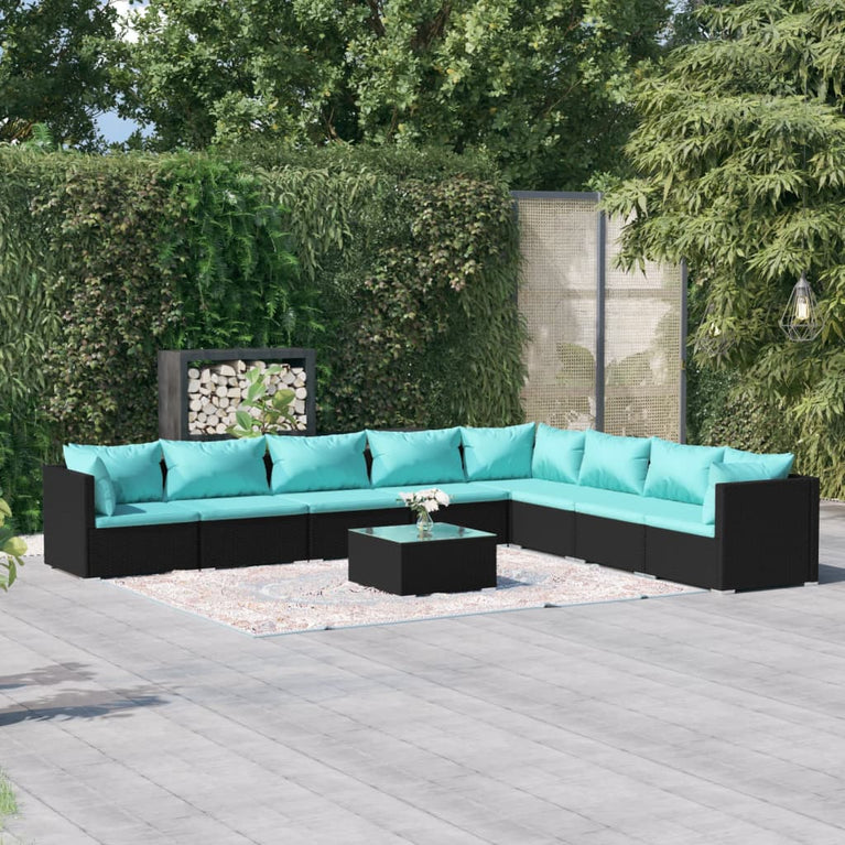 9-delige Loungeset met kussens poly rattan zwart