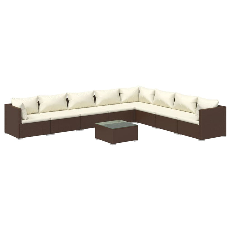 9-delige Loungeset met kussens poly rattan bruin