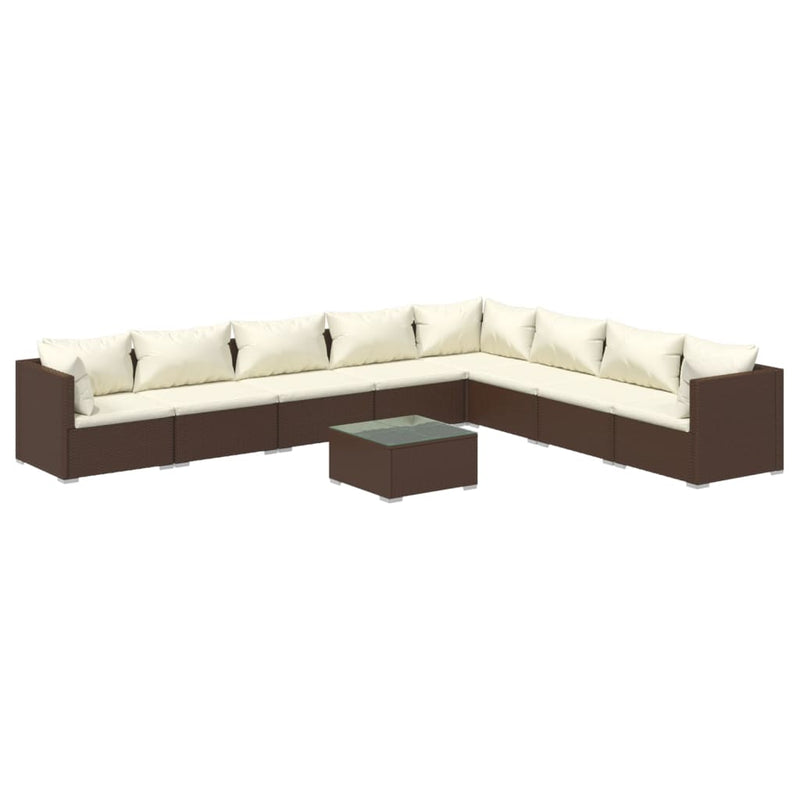 9-delige Loungeset met kussens poly rattan bruin