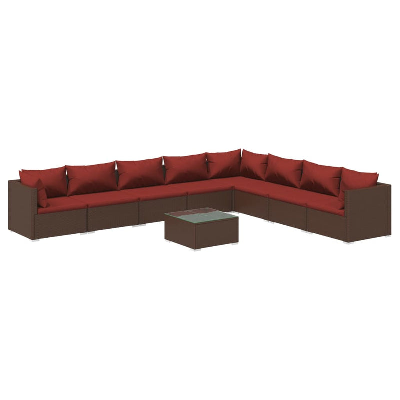 9-delige Loungeset met kussens poly rattan bruin