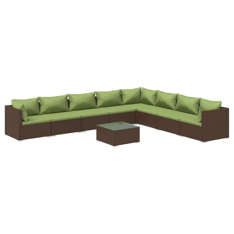9-delige Loungeset met kussens poly rattan bruin