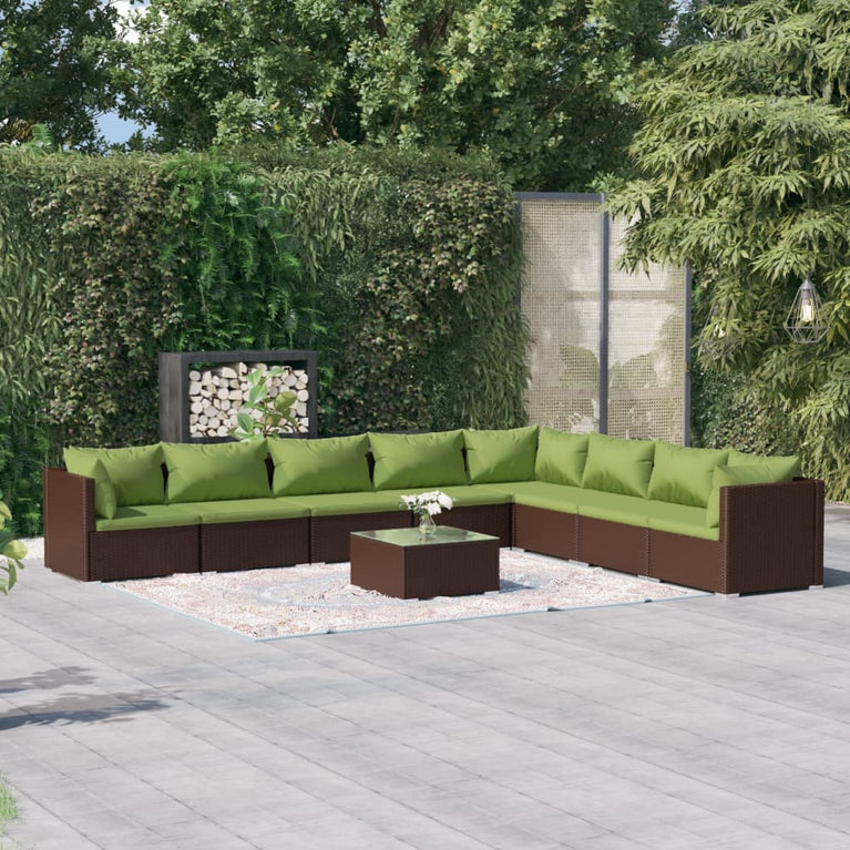 9-delige Loungeset met kussens poly rattan bruin