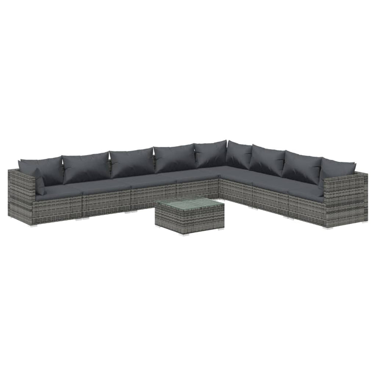 9-delige Loungeset met kussens poly rattan grijs