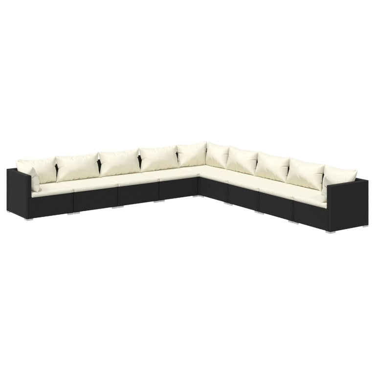 9-delige Loungeset met kussens poly rattan zwart