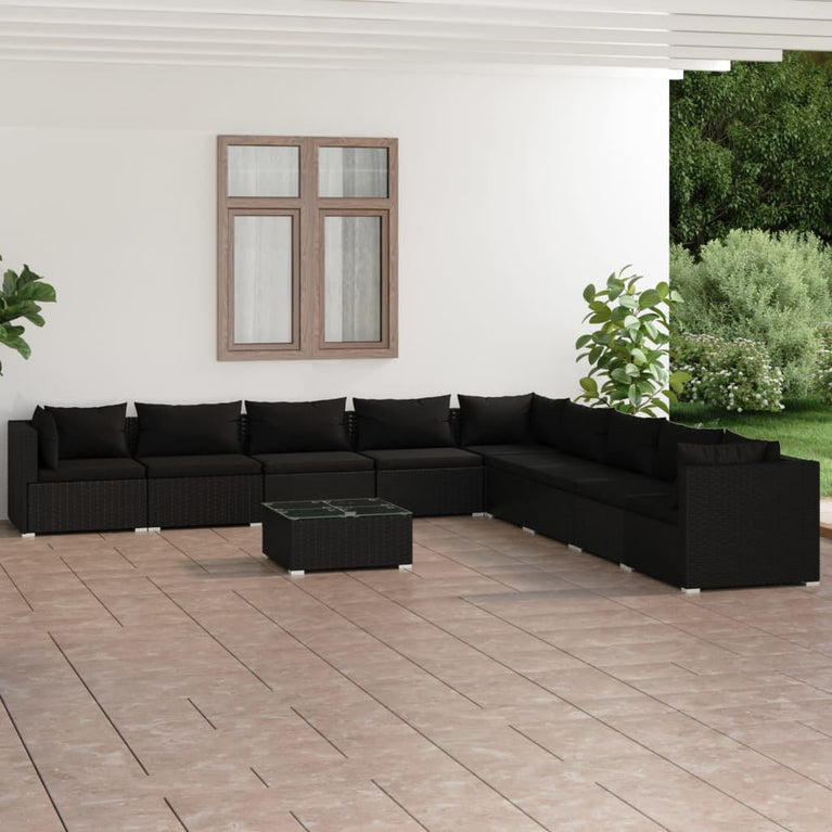10-delige Loungeset met kussens poly rattan zwart