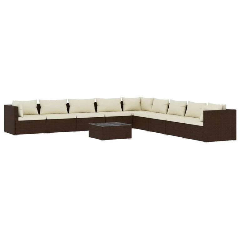 10-delige Loungeset met kussens poly rattan bruin