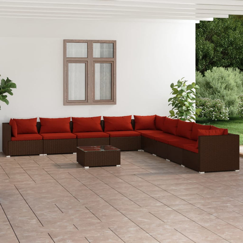 10-delige Loungeset met kussens poly rattan bruin