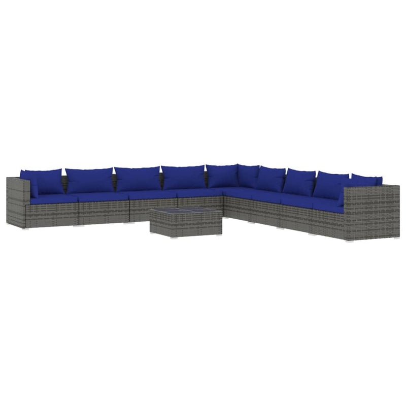 10-delige Loungeset met kussens poly rattan grijs