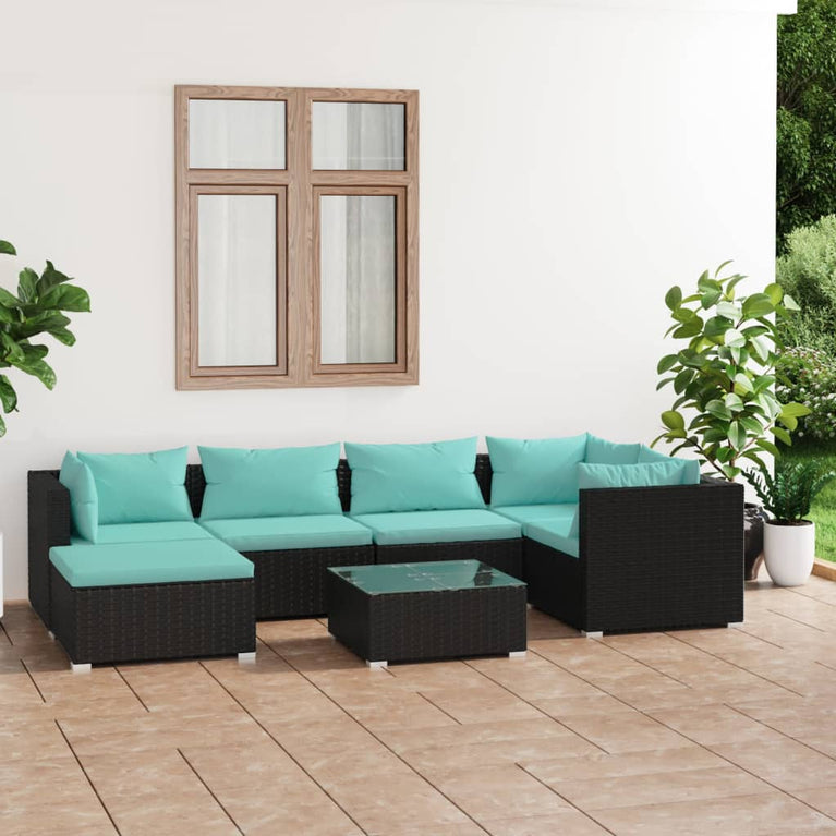 7-delige Loungeset met kussens poly rattan zwart MeubelReus