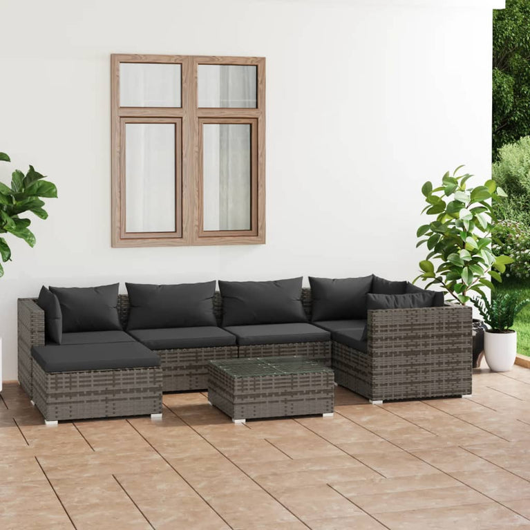 7-delige Loungeset met kussens poly rattan grijs MeubelReus