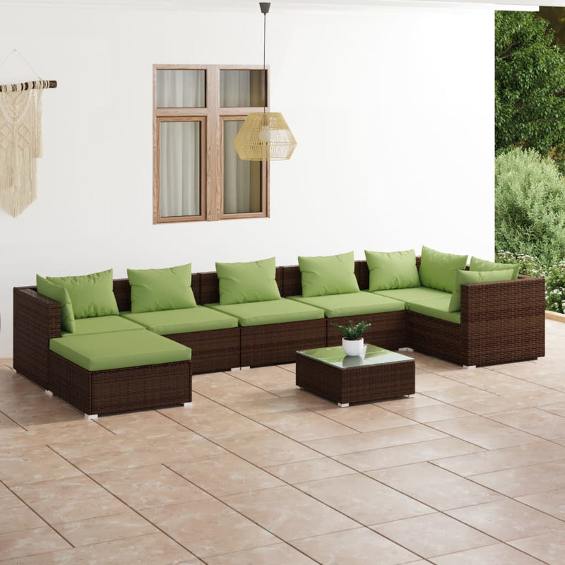 8-delige Loungeset met kussens poly rattan bruin