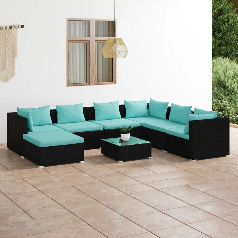 8-delige Loungeset met kussens poly rattan zwart MeubelReus