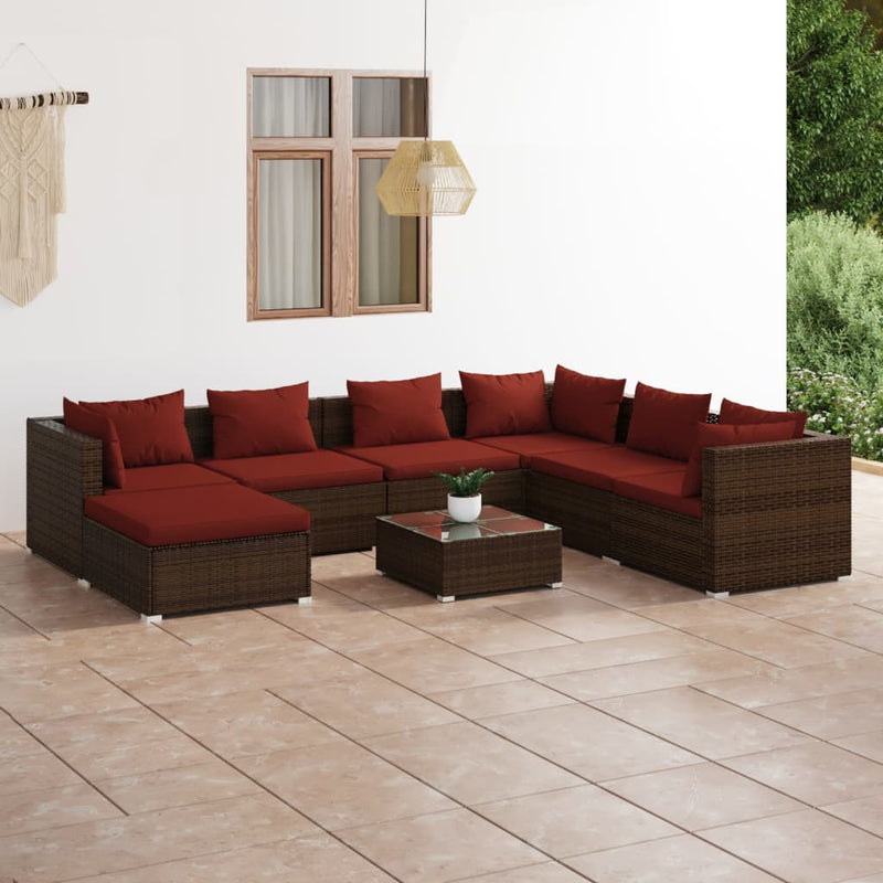 8-delige Loungeset met kussens poly rattan bruin