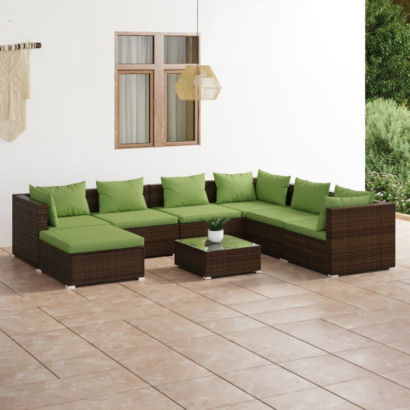 8-delige Loungeset met kussens poly rattan bruin