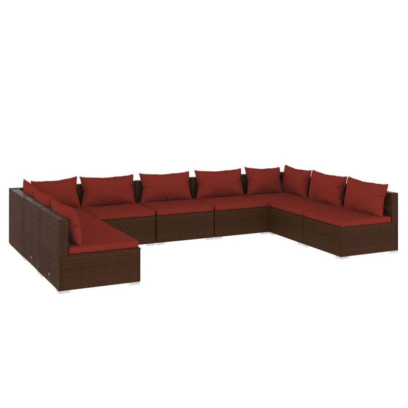 9-delige Loungeset met kussens poly rattan bruin