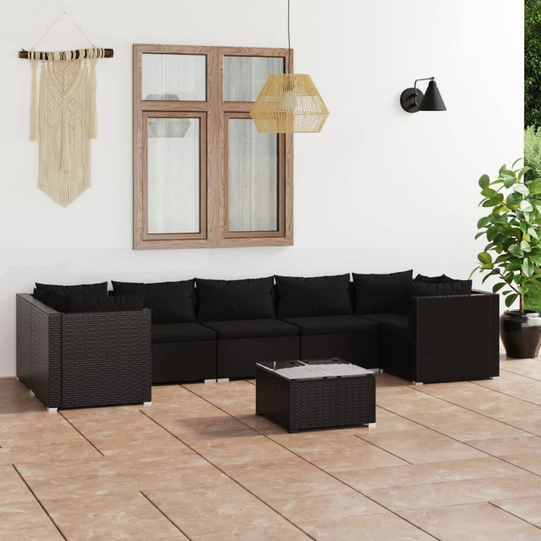 8-delige Loungeset met kussens poly rattan zwart
