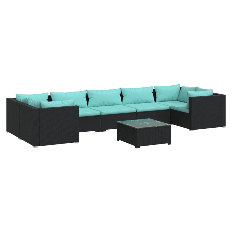8-delige Loungeset met kussens poly rattan zwart