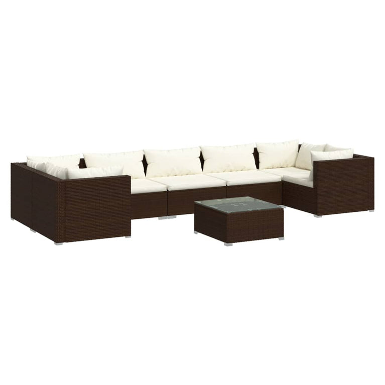 8-delige Loungeset met kussens poly rattan bruin