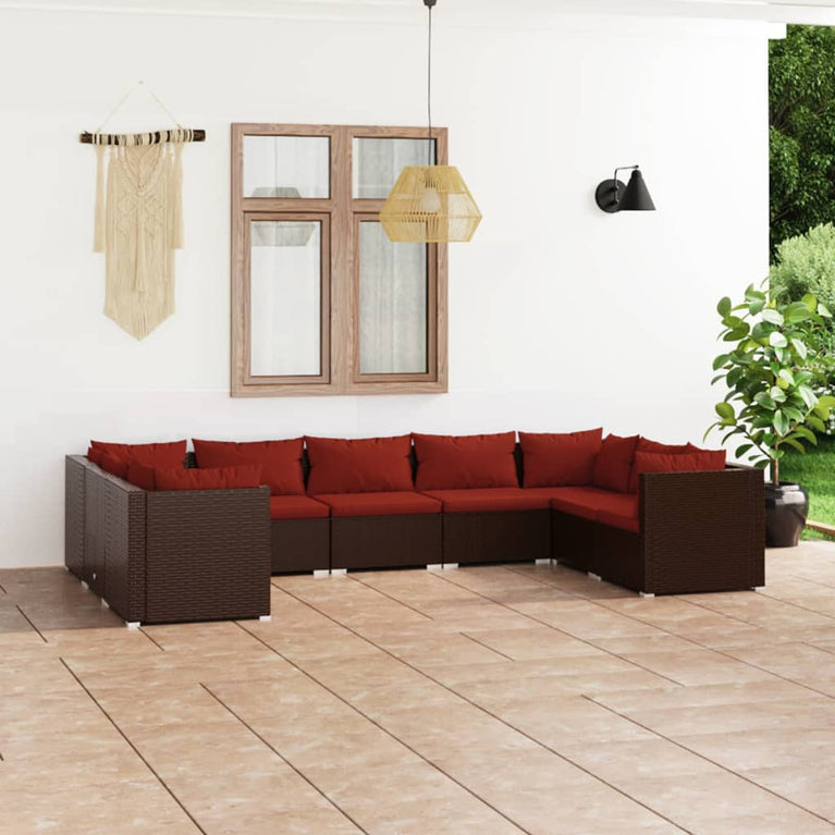 9-delige Loungeset met kussens poly rattan bruin