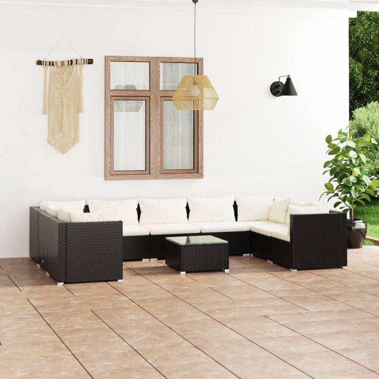 10-delige Loungeset met kussens poly rattan zwart