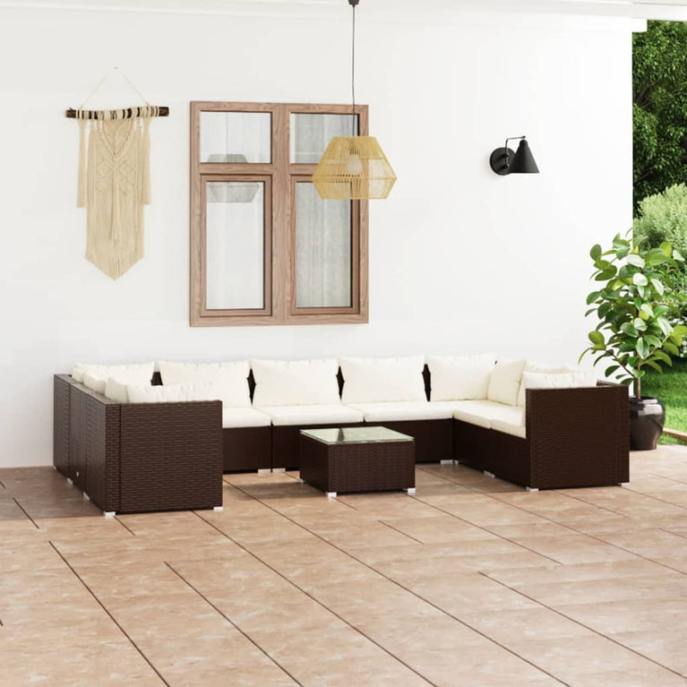 10-delige Loungeset met kussens poly rattan bruin