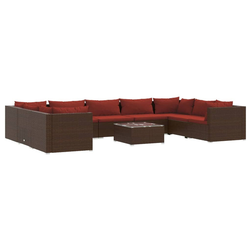 10-delige Loungeset met kussens poly rattan bruin