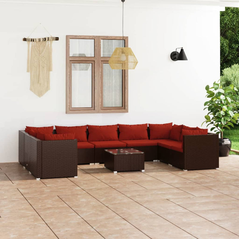 10-delige Loungeset met kussens poly rattan bruin