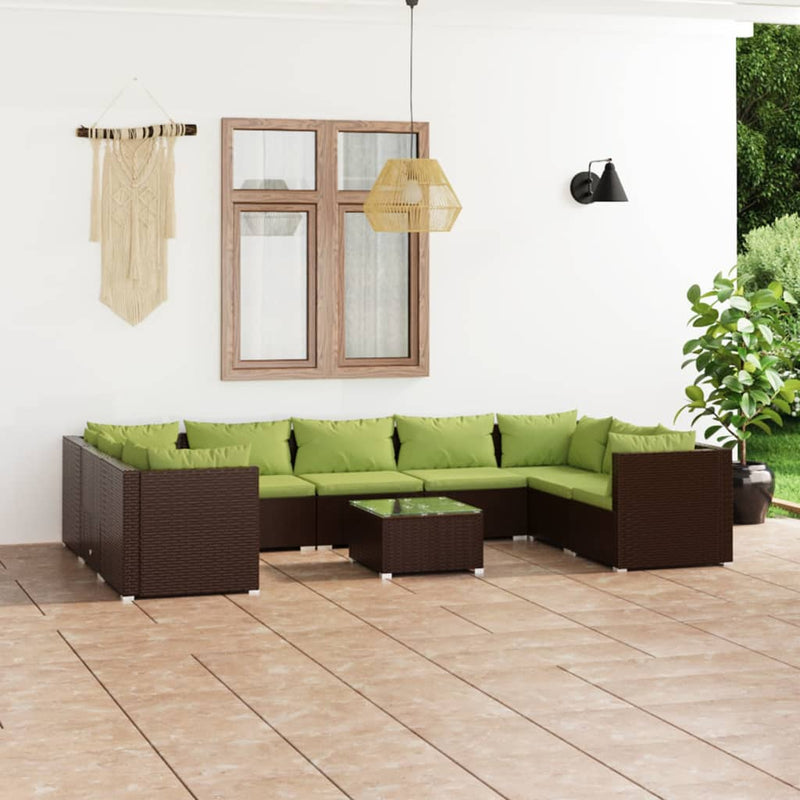10-delige Loungeset met kussens poly rattan bruin