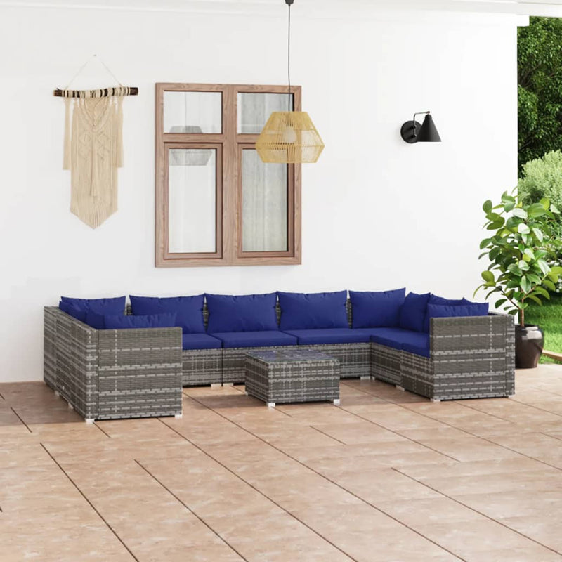 10-delige Loungeset met kussens poly rattan grijs
