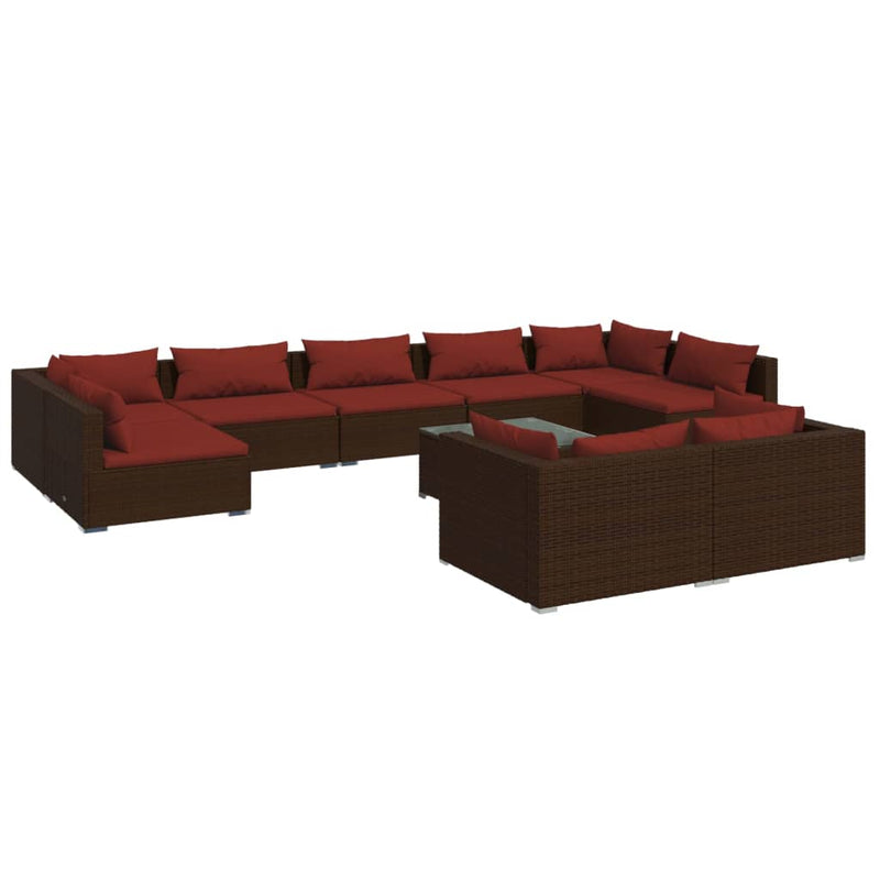 9-delige Loungeset met kussens poly rattan bruin