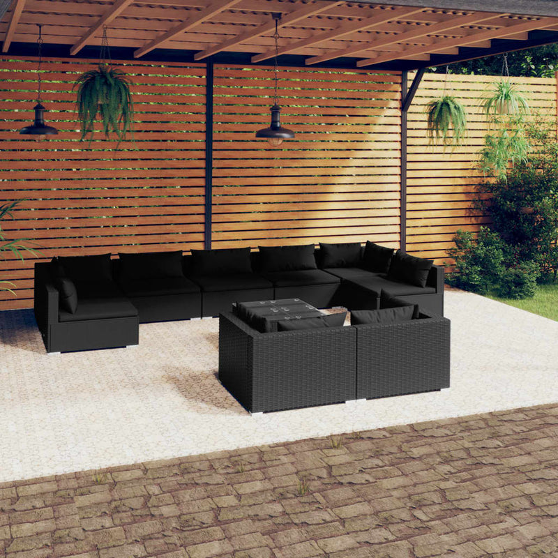 10-delige Loungeset met kussens poly rattan zwart