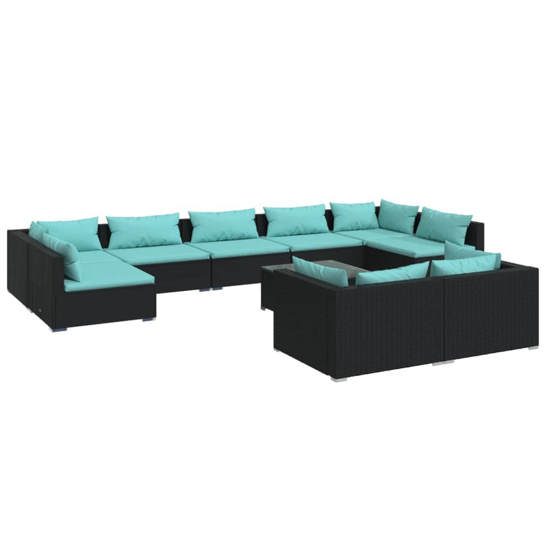 10-delige Loungeset met kussens poly rattan zwart